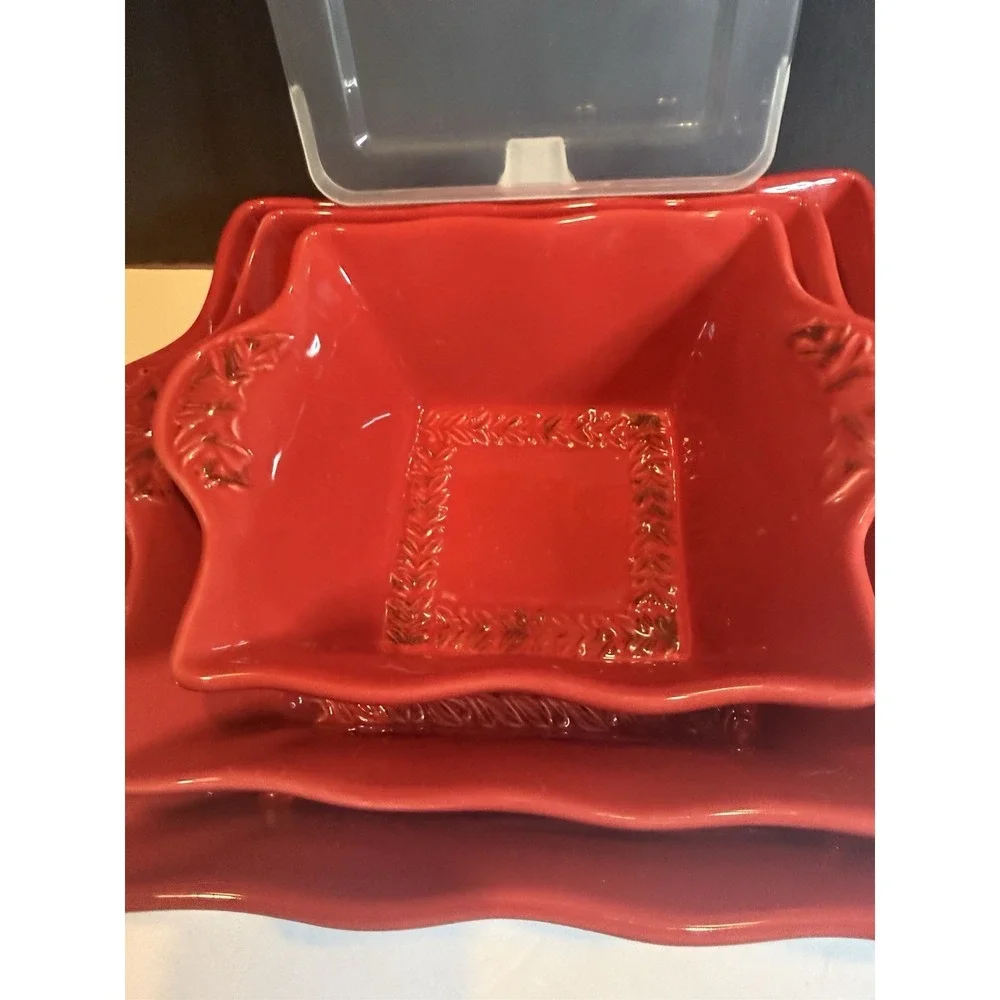 Temp-tations Verona Red Nested Bakers 1Qt, 1.5Qt, 2.5 Qt, Stand, Lid, Trivet Set